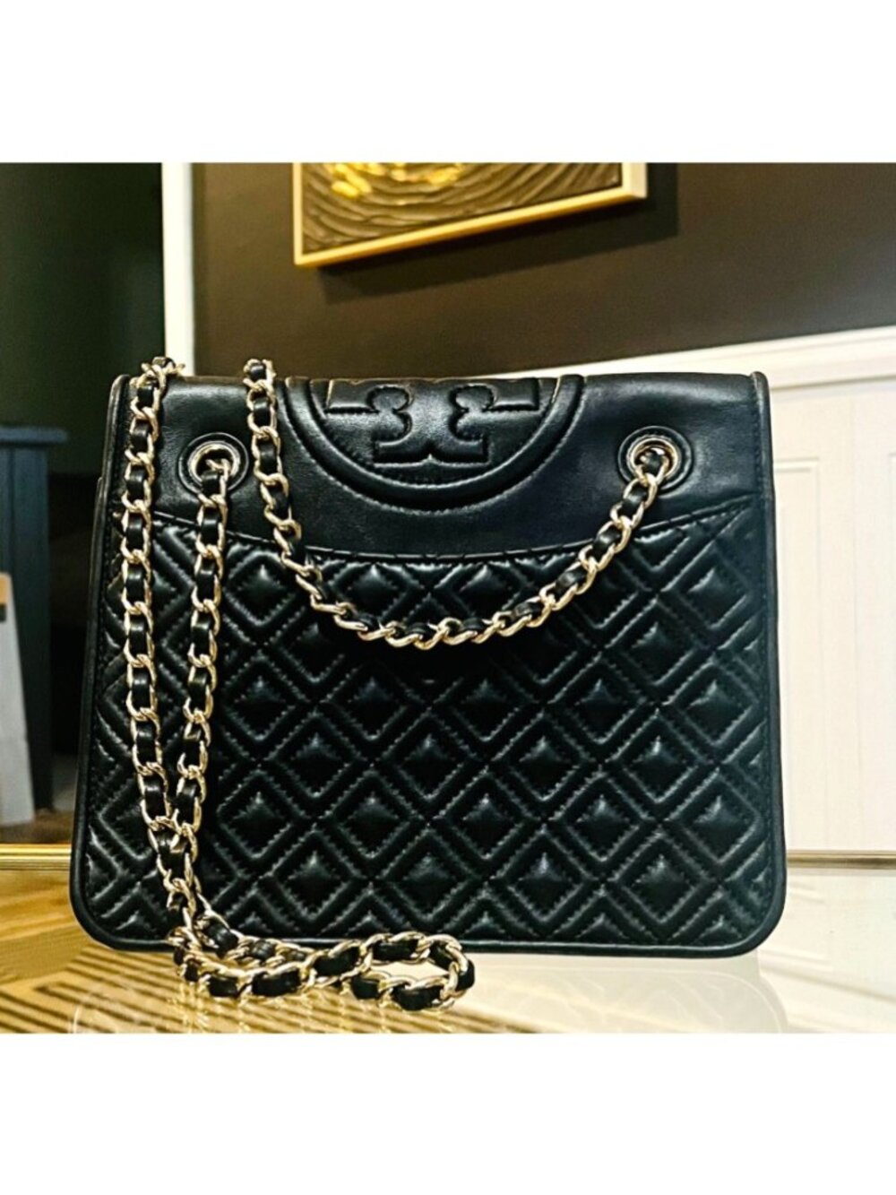 Black Quilted Leather Tory Burch Fleming Convertible Bag
